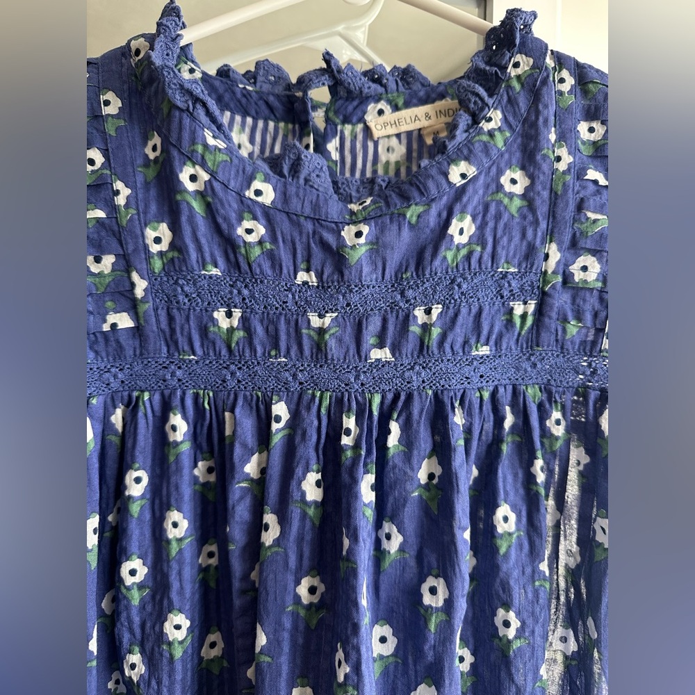 OPHELIA & INDIGO Women's Rosie Sleeve Edges Dress Blue Cotton Medium M - Picture 4 of 9